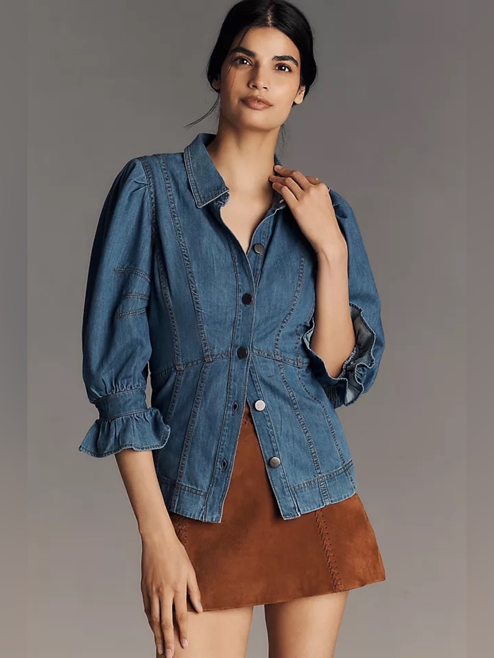By Anthropologie Puff-Sleeve Denim Buttondown Shirt Size Small